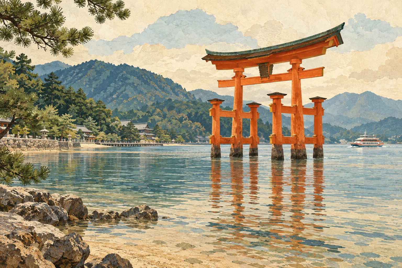 Illustration originale du torii de Miyajima dans l’eau, avec montagnes et ferry au loin