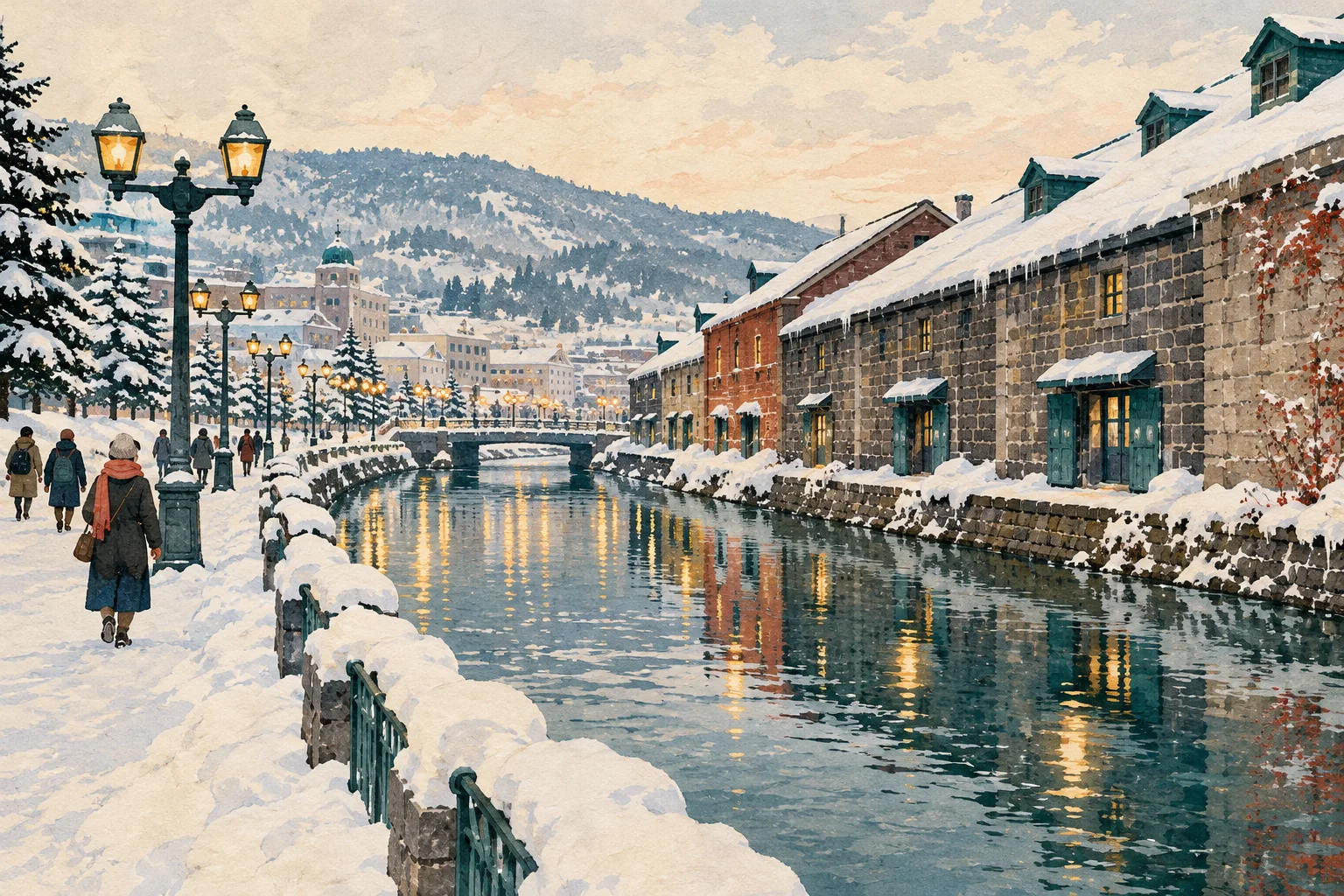 Illustration conceptuelle originale du canal d’Otaru en hiver, avec entrepôts de pierre, chemin enneigé et promeneurs