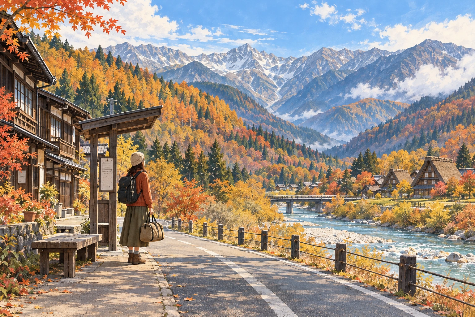 Eine Person mit Tasche steht an einer Bushaltestelle einer herbstlichen Bergstadt, umgeben von Holzhäusern, Fluss und fernen Bergen.