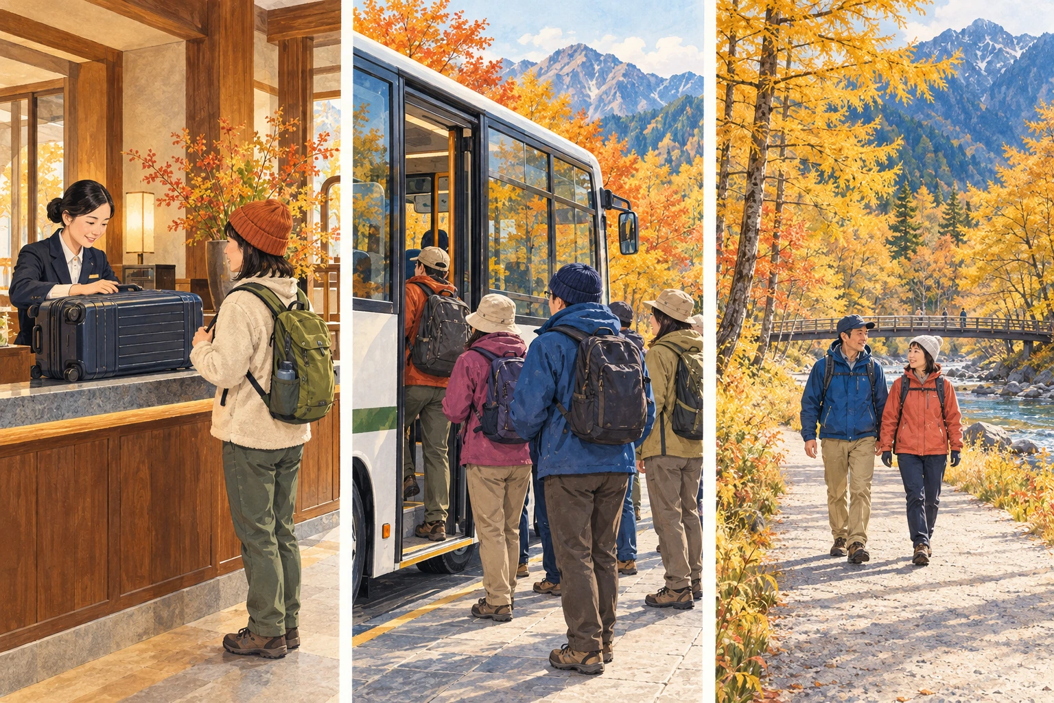 Three separate scenes show luggage storage at an inn, a mountain-bus queue and a riverside walk beneath larches.