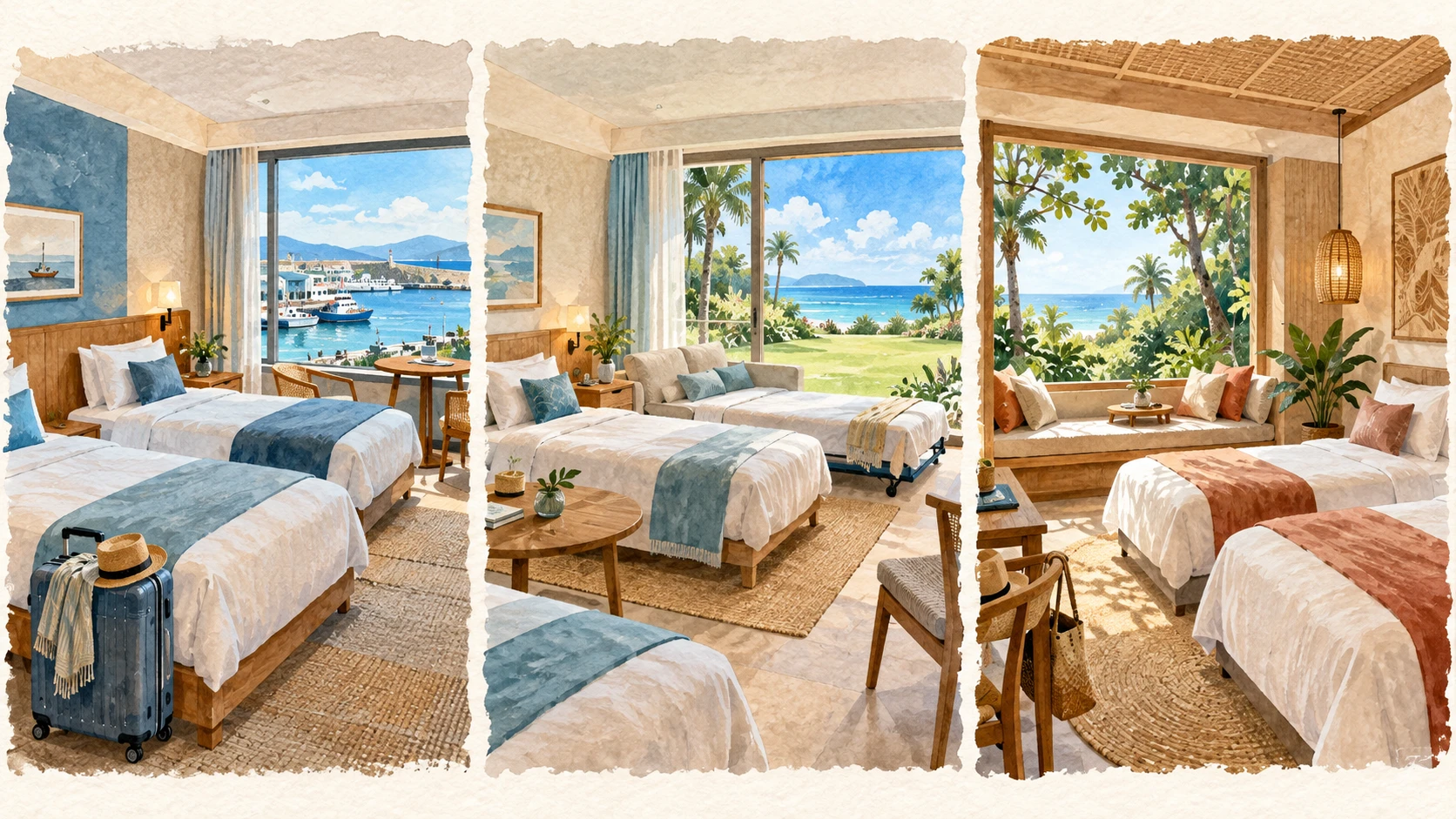 Trois chambres conceptuelles séparées : lits et valise face au port, lits côtiers avec appoint de type canapé, puis lits jumeaux et plateforme près d’une fenêtre sur des plantes et la mer au loin.