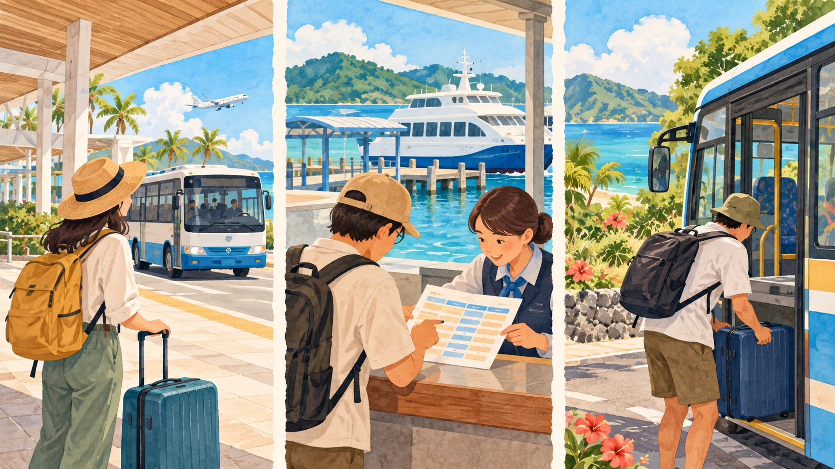 Trois scènes de transport : attente du bus devant l’aéroport, lecture d’un horaire papier avec une agente au port, puis montée dans un bus insulaire avec valise.