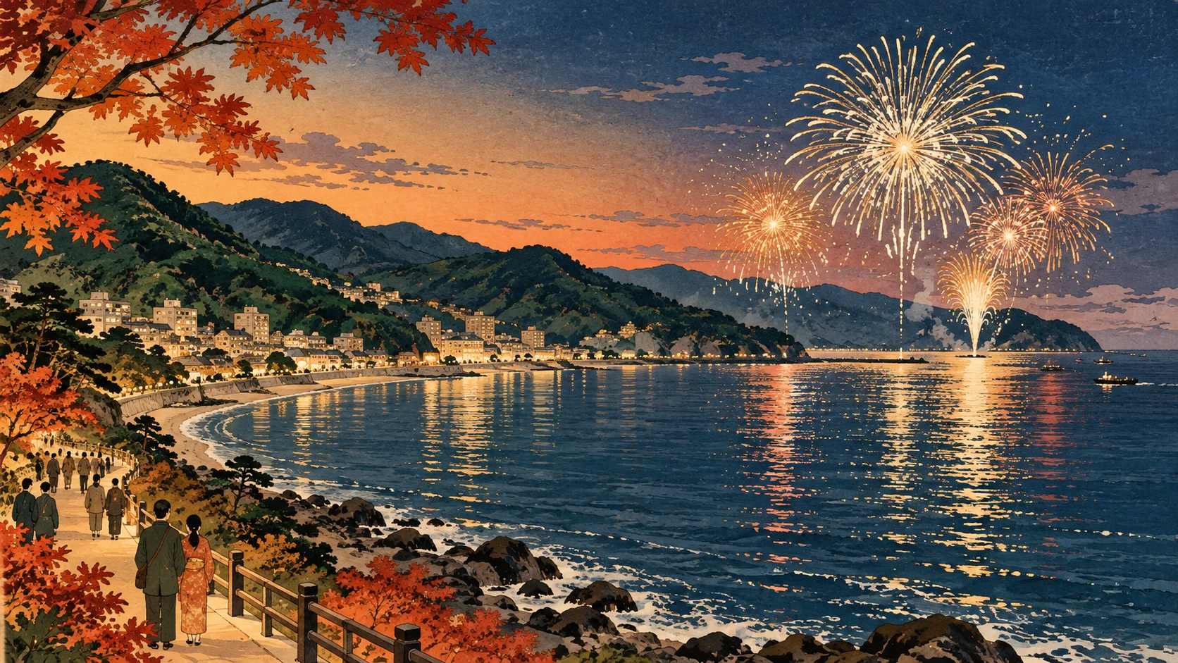 Reisende betrachten unter Ahornbäumen goldenes Feuerwerk von einer Küstenpromenade; die Lichter einer Stadt am Hang spiegeln sich im Meer der Abenddämmerung.