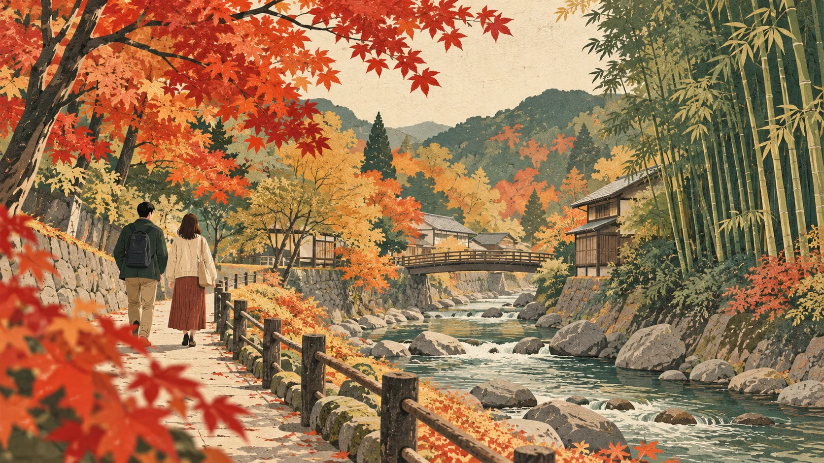 Two travelers walk a maple-covered riverside path, with bamboo and wooden buildings opposite and a small bridge crossing the stream ahead.