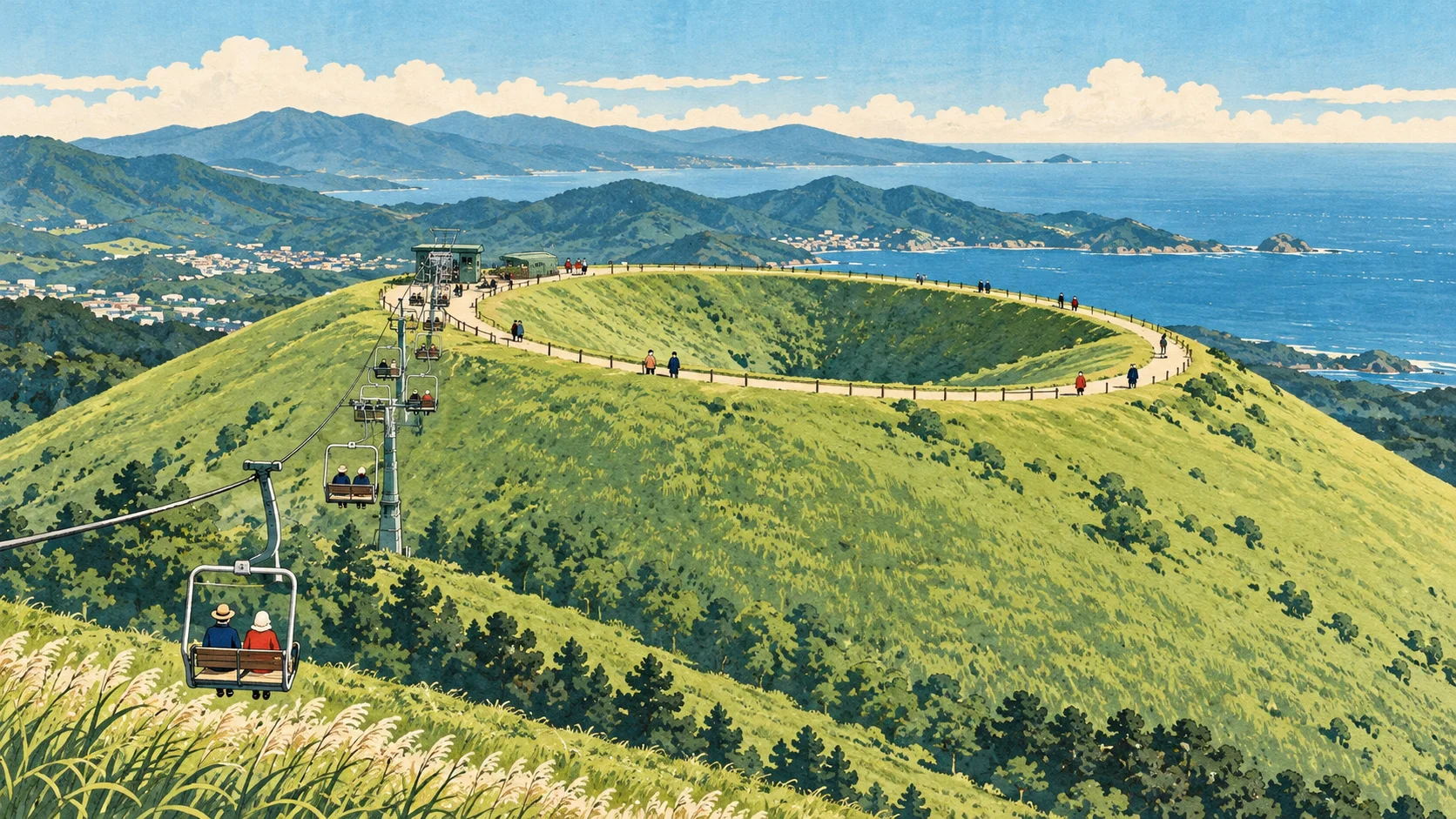 A two-seat chairlift climbs a grassy volcanic cone; walkers follow the bowl-shaped crater rim, with mountains and coastline beyond.