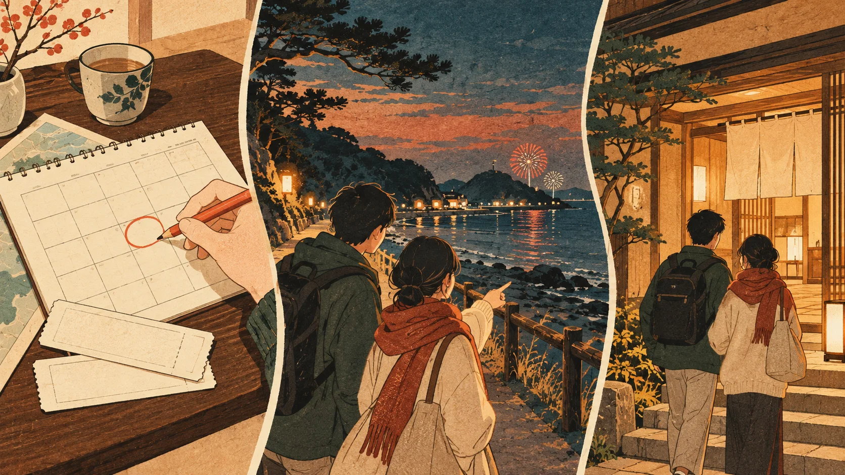 Three panels show a hand circling a calendar with a red pencil, two travelers watching coastal fireworks and a warmly lit hotel entrance.