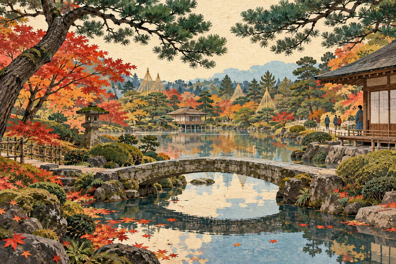 Illustration originale d'un jardin d'automne avec étang, pont de pierre, pins et bâtiments en bois