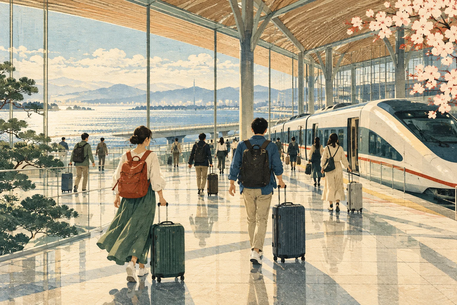 Illustration conceptuelle de voyageurs avec bagages dans le hall lumineux d’une gare d’aéroport en bord de mer
