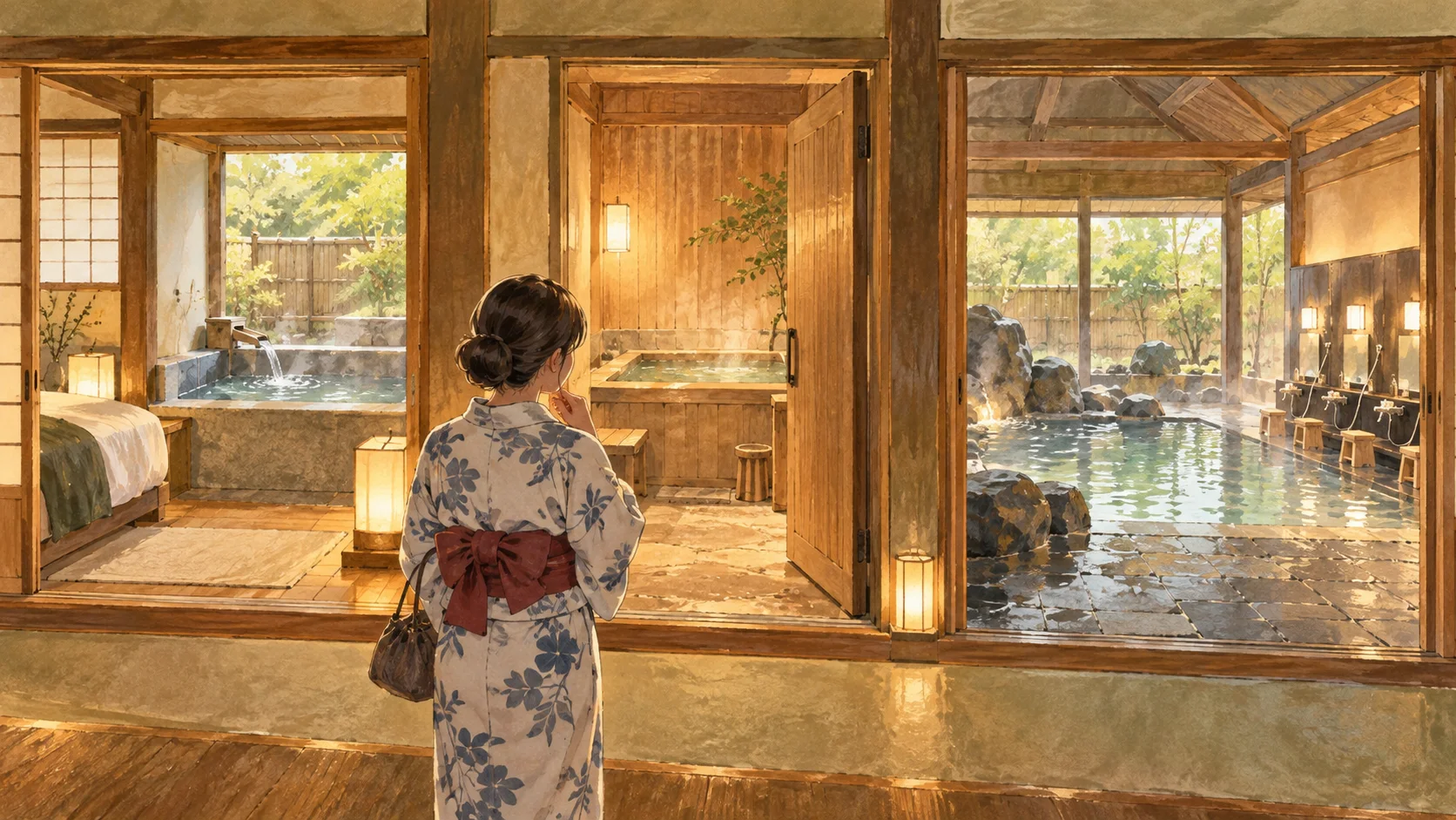 Eine Reisende im Yukata steht im Gang vor drei Räumen: kleinem Bad am Gästezimmer, eigenem Bad und größerem öffentlichem Badebereich.
