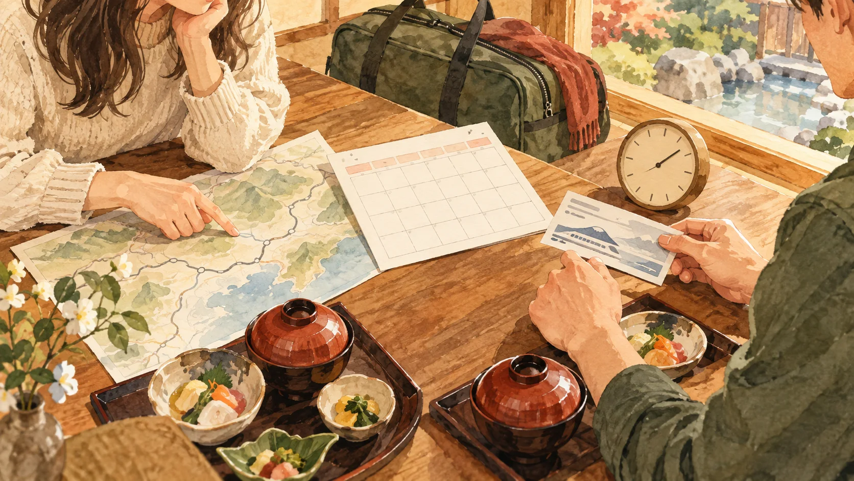 Zwei Reisende prüfen an einem Holztisch Reiseplan, Kalender und Fahrkarte; daneben liegen Uhr, Reisetasche und zwei Essenstabletts.