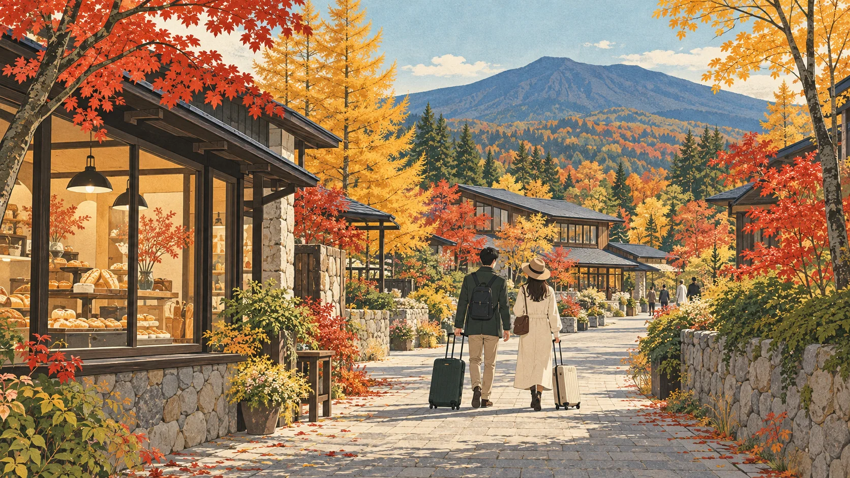 An autumn-lined town street stretches into the distance, with lightly packed travelers, a hillside, and resort buildings on the other side.