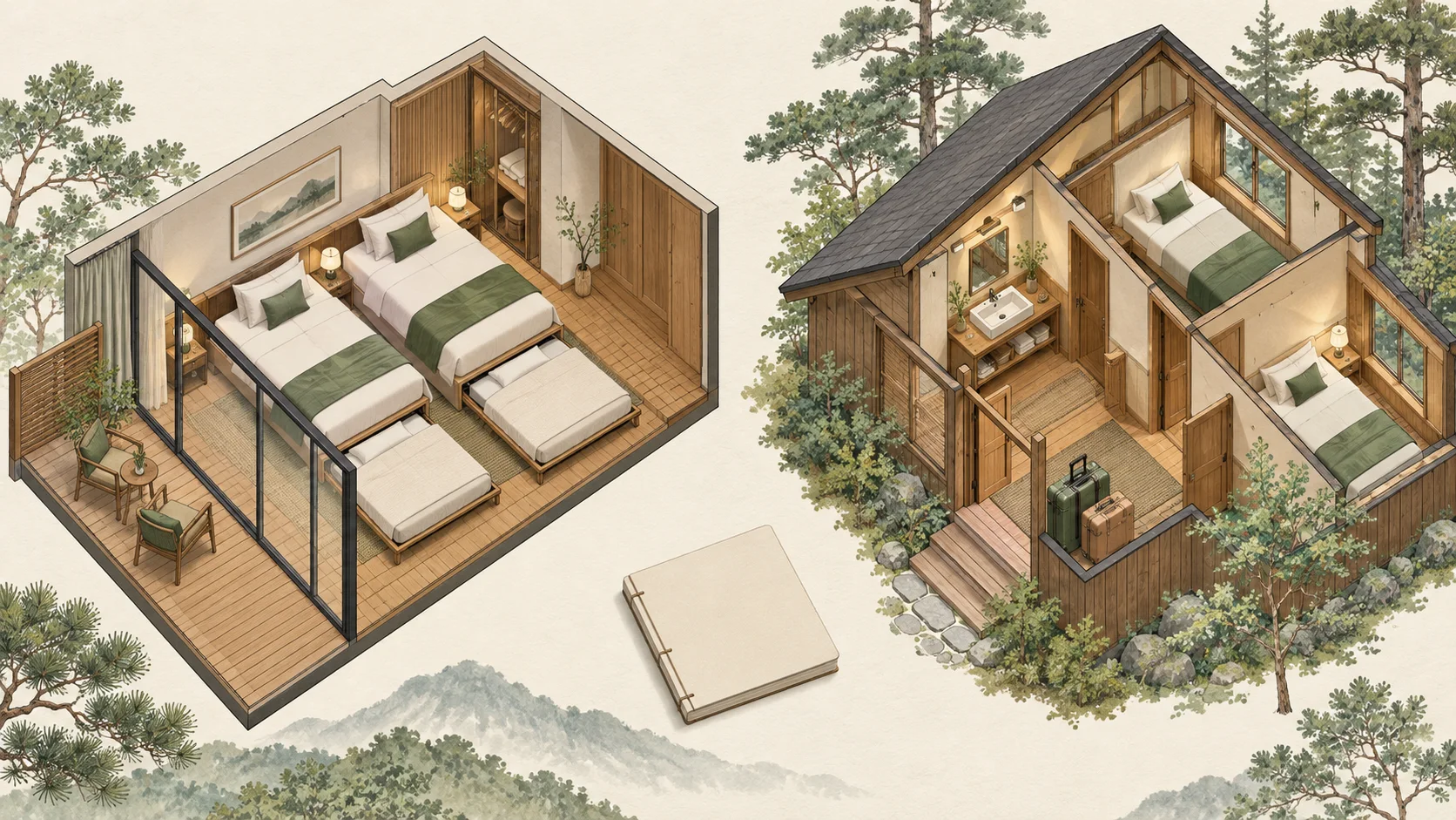 Zwei getrennte Raumkonzepte im Schnitt: links Zweibettzimmer mit ausgezogenen niedrigen Betten und Terrasse, rechts Cottage mit Zimmern, Waschplatz und Gepäck.