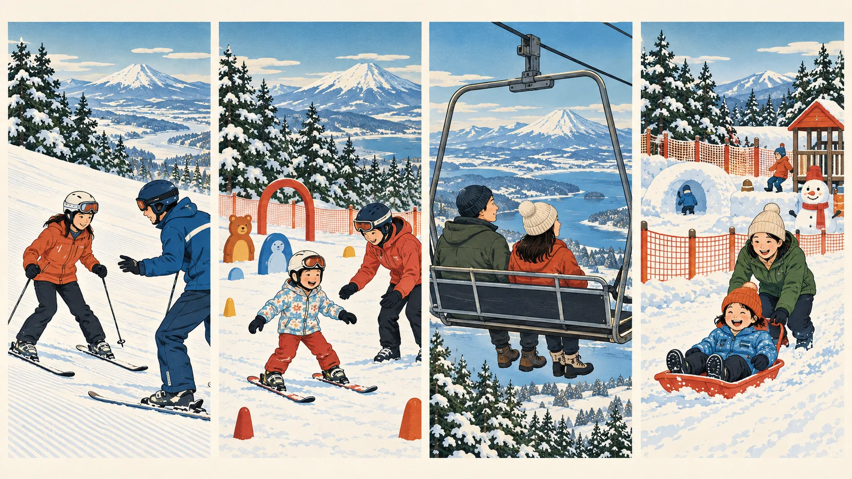 Vier getrennte Szenen zeigen Erwachsenenkurs, Kinderübung, Aussichtssessellift mit normalen Winterstiefeln und Familienrodeln innerhalb eines Zauns.