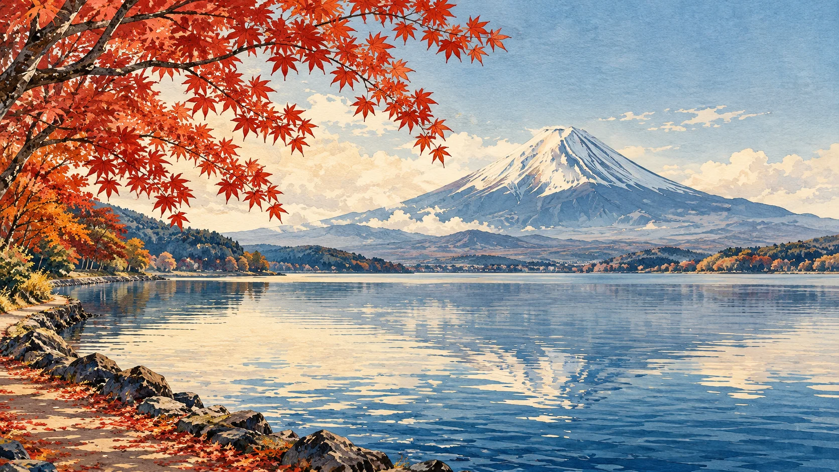 Herbstrote Ahornbäume und ein Uferweg stehen im Vordergrund am Kawaguchiko; in der Ferne spiegelt sich der Fuji im blauen See.
