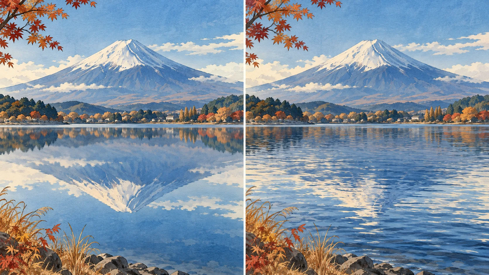 Zwei Ansichten desselben Fuji und Ufers: links eine ruhige Fläche mit klarem Spiegelbild, rechts zerlegen Wasserwellen die Bergspiegelung.