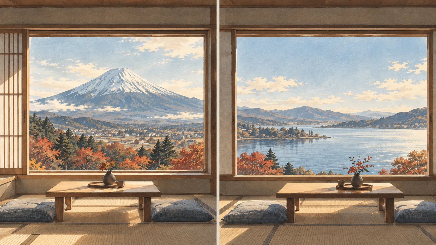 Zwei hölzerne japanische Zimmer nebeneinander: links vor allem Fuji-Blick, rechts See und Ufer, jeweils mit niedrigem Tisch und Sitzkissen am Fenster.