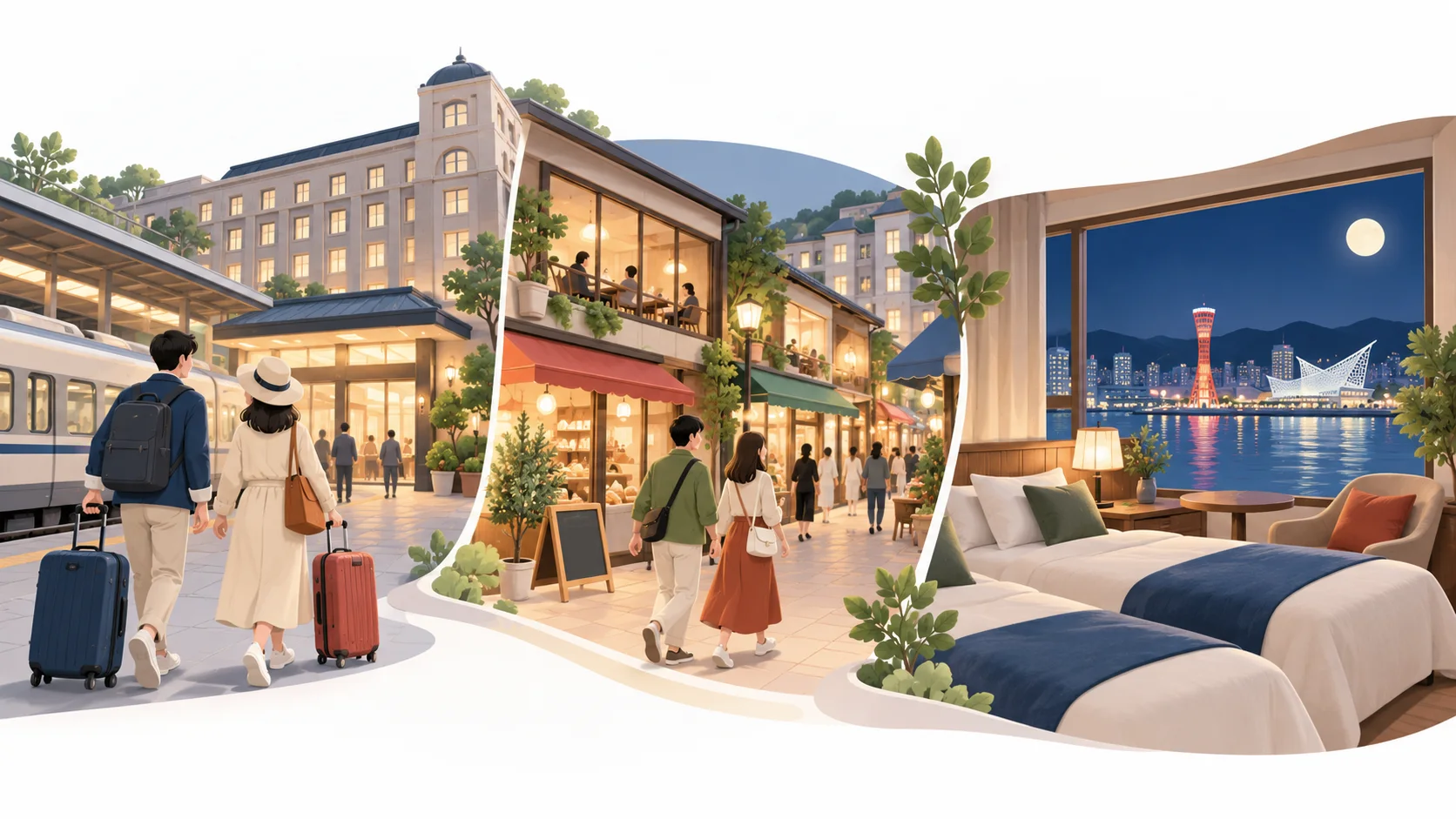 Two travelers with bags, shopping-street walkers and a harbor-facing twin room appear in three parallel scenes.