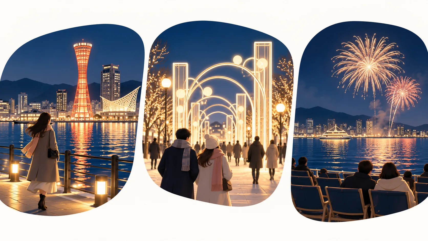 An ordinary waterfront walk, winter-coated visitors beneath light arches and fireworks before harbor seating appear in three scenes.