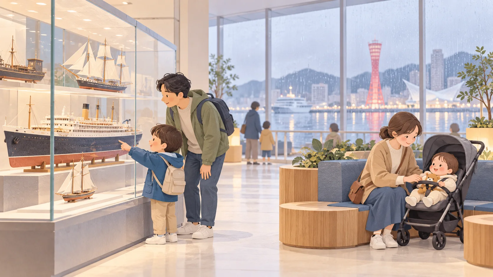 One adult looks at a ship model with a child while another tends a toddler in a stroller beside a seat; rain falls on the harbor outside.