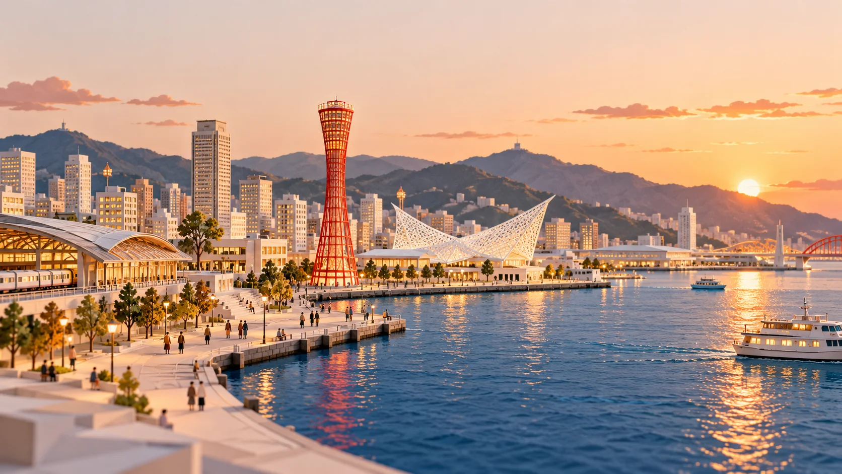 A red observation tower, white sail-shaped roof and station district surround a harbor in evening light as people walk along the waterfront.
