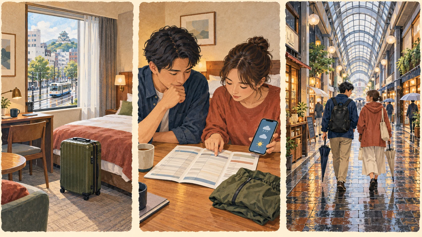 Drei getrennte Szenen: ein Hotelzimmer in der Stadt, Reisende beim gemeinsamen Prüfen von Wetter und Papierfahrplan sowie ein überdachter Einkaufsweg bei Regen.