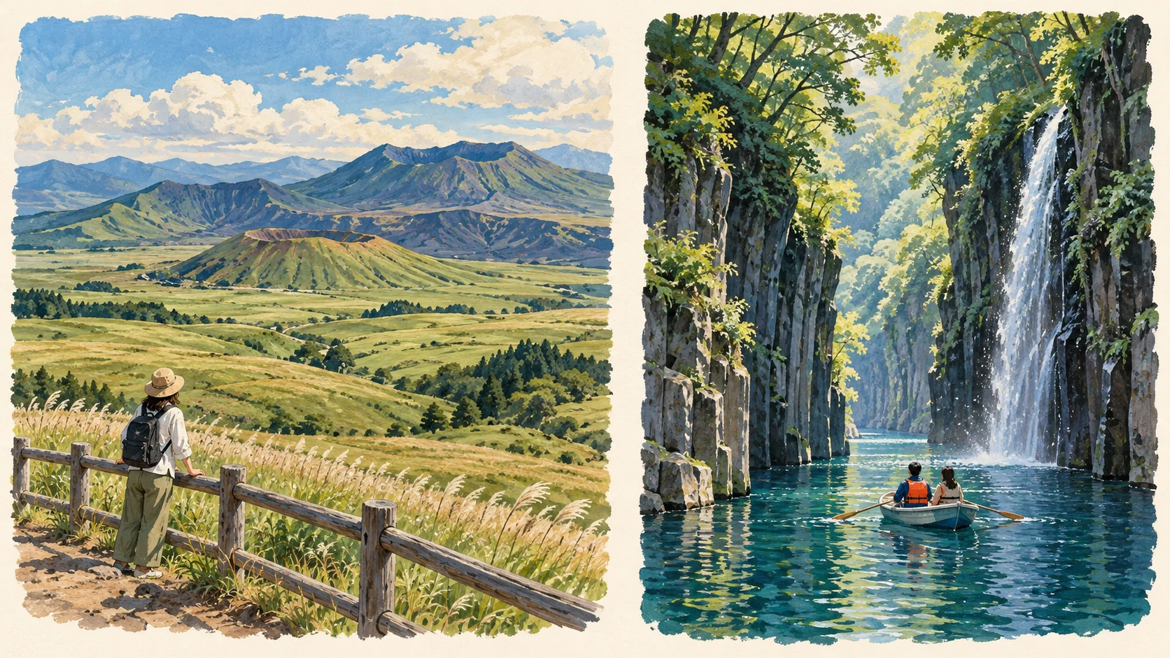 Two separate scenes show distant mountains and a viewing rail in Aso’s grasslands, and travelers in a rowing boat inside Takachiho Gorge.