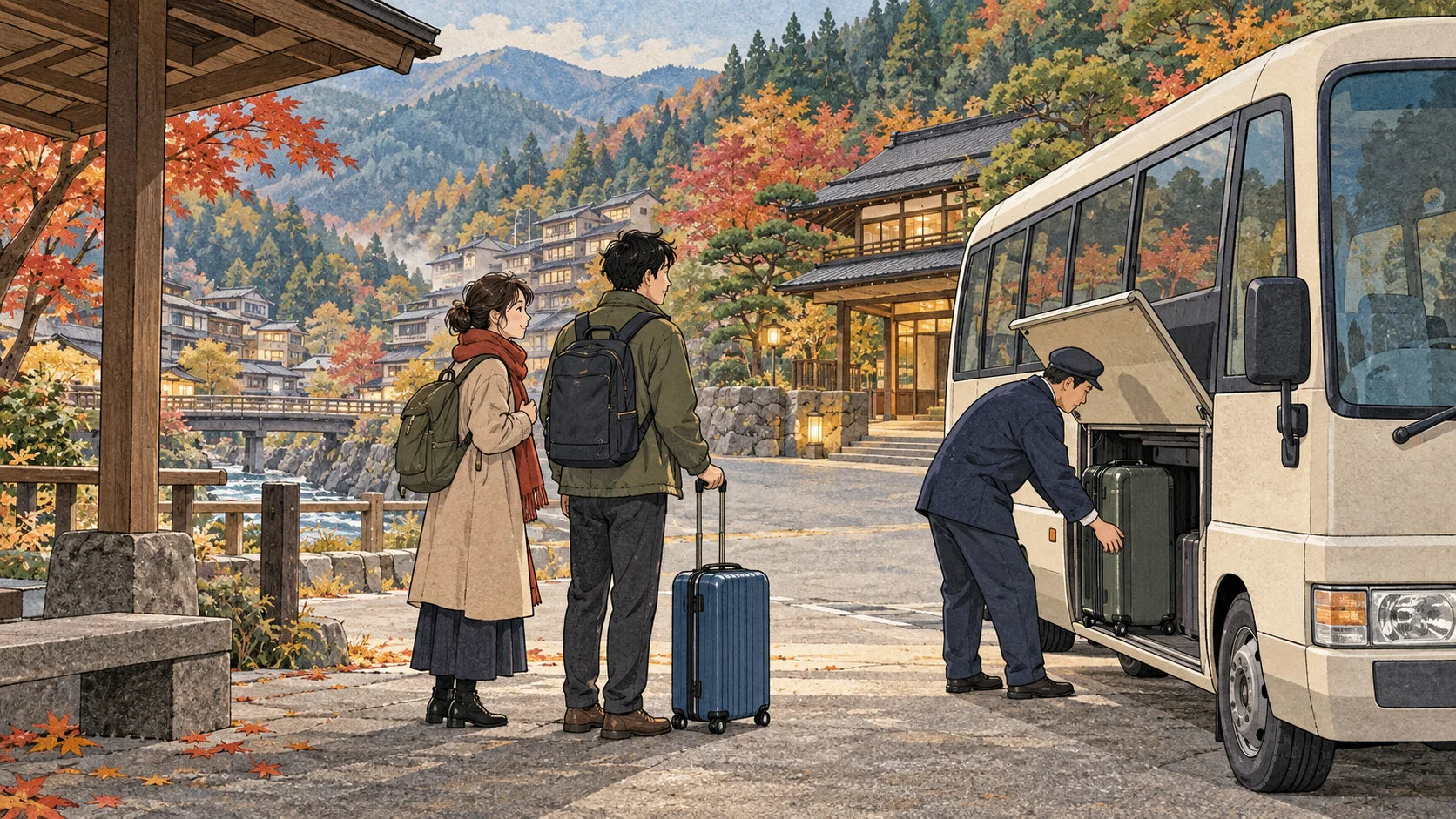 Two travelers with luggage wait at a mountain-town stop while a driver loads a suitcase into a shuttle, with autumn slopes and buildings behind.