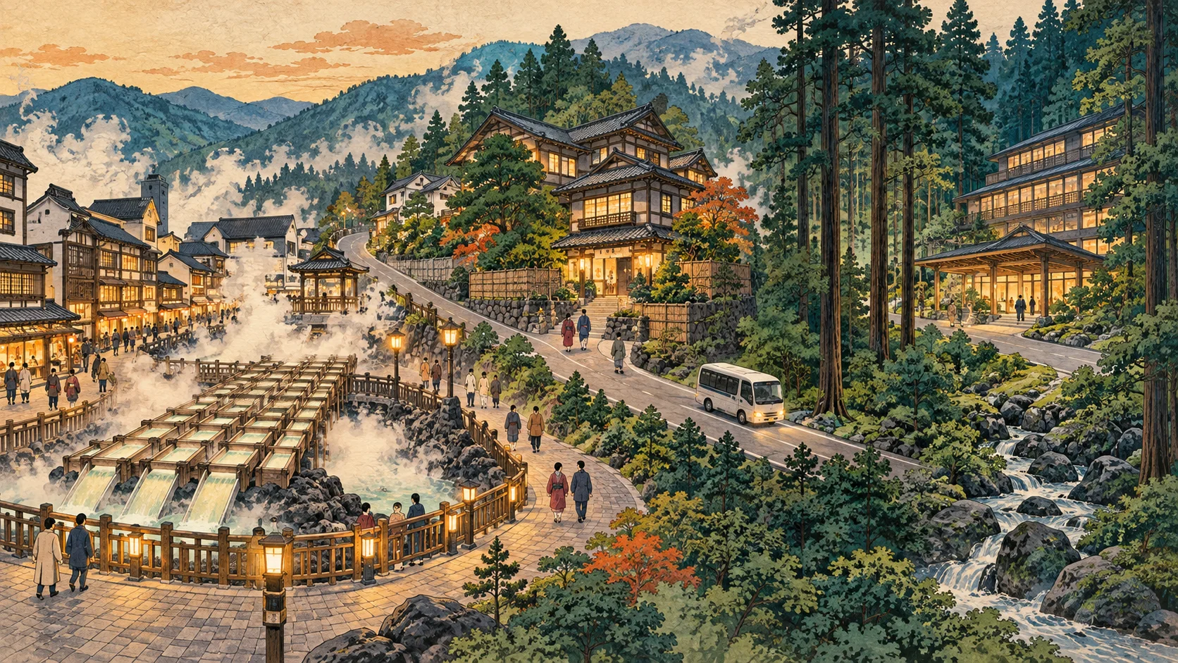 A conceptual scene connects the Yubatake district, a hillside ryokan, and a forest hotel, with a small shuttle on the road between them.