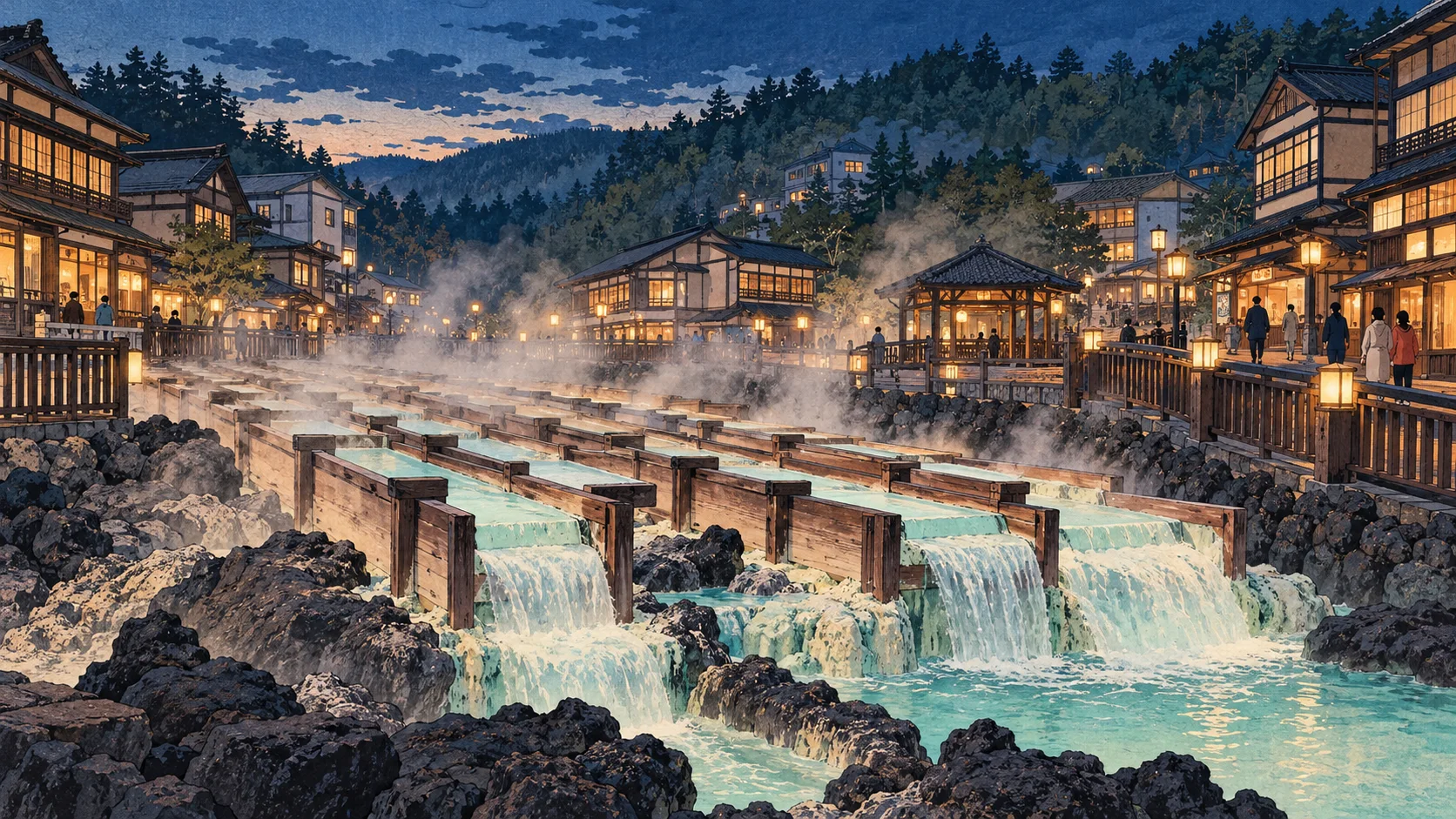 At dusk, wooden channels carry pale turquoise water through a hot-spring street, with steam rising toward warmly lit buildings and wooded hillsides.