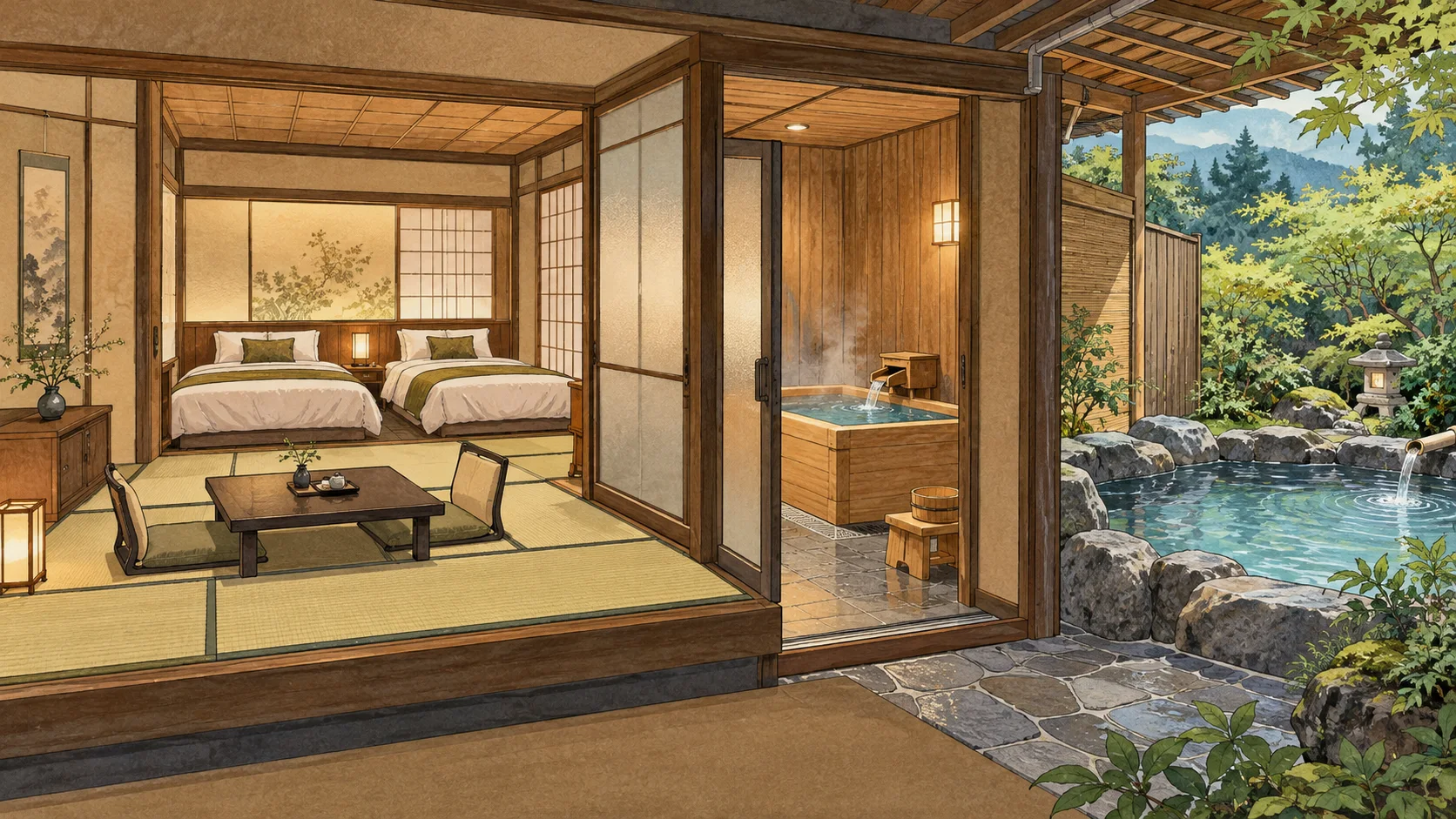 A room illustration shows twin beds, tatami seating, a wooden tub in an enclosed compartment, and an outdoor stone bath facing a garden.