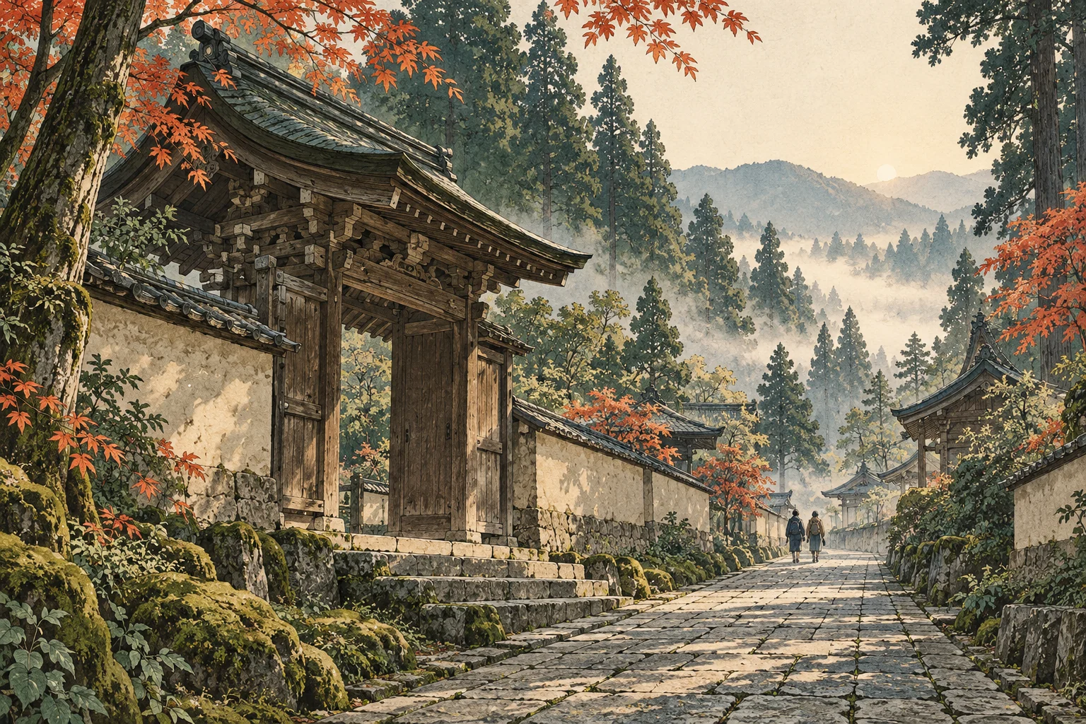Original illustration of a wooden Kyoto temple, stone path and autumn leaves