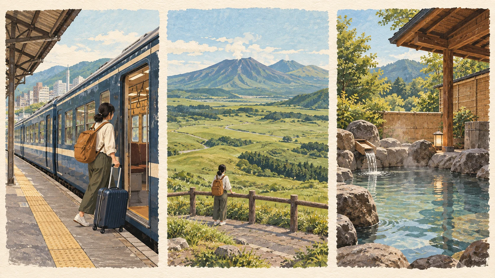 Three separate scenes show a traveler boarding an urban train, a traveler looking at mountains from a grassland viewpoint, and an outdoor hot spring beside a wooden building.