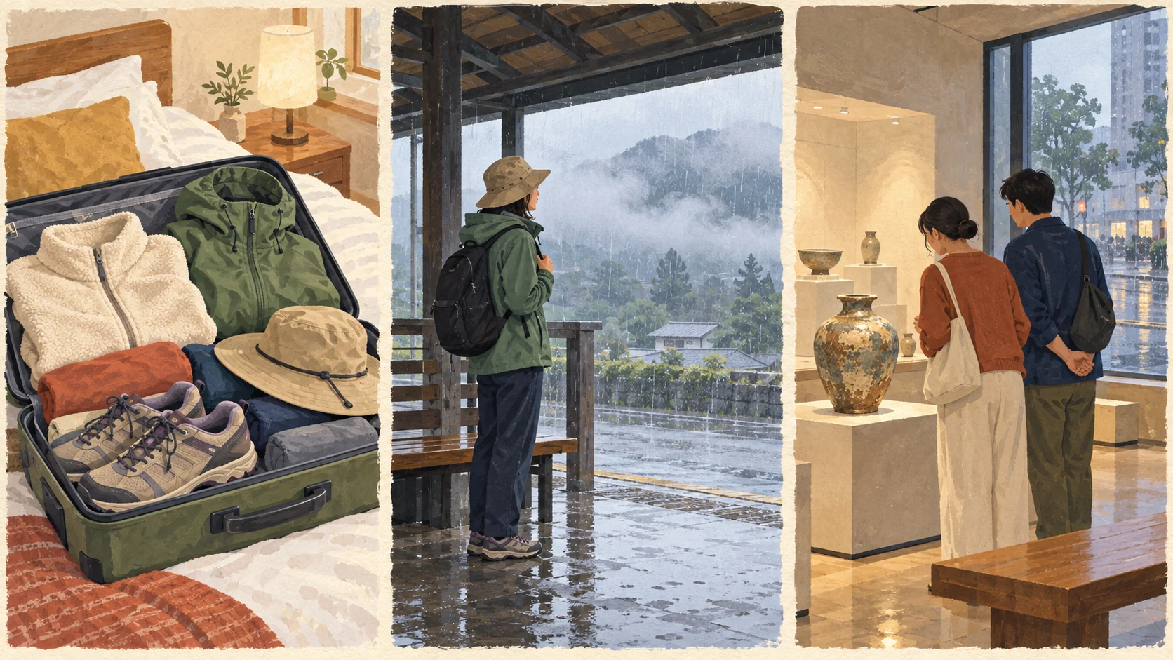 A suitcase contains a jacket, rainwear and walking shoes; travelers shelter under a roof while another group looks at pottery indoors.
