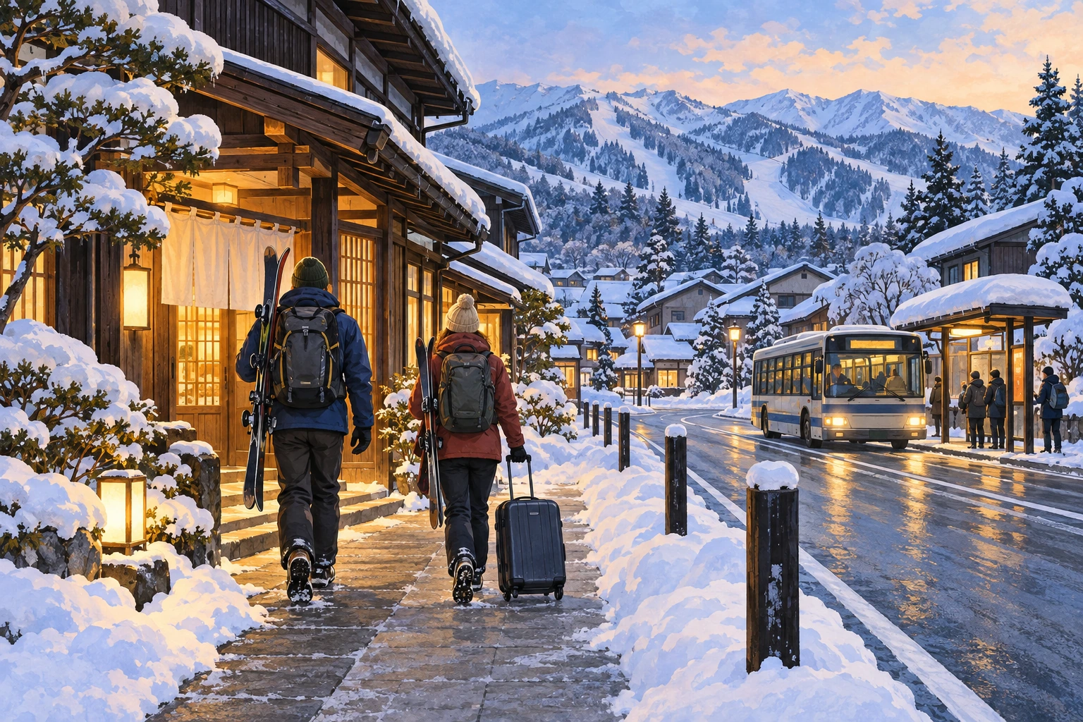 Two travelers carrying ski equipment and luggage approach a snowy village inn, with a bus and snow-covered mountains farther away.