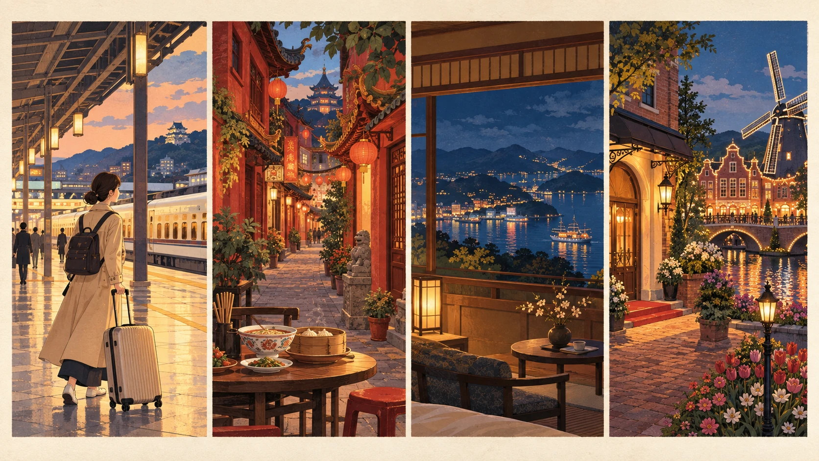 Four scenes show a traveler with a suitcase at a station, a table in a lantern street, a room window facing the night harbor and a hotel entrance beside an illuminated park.