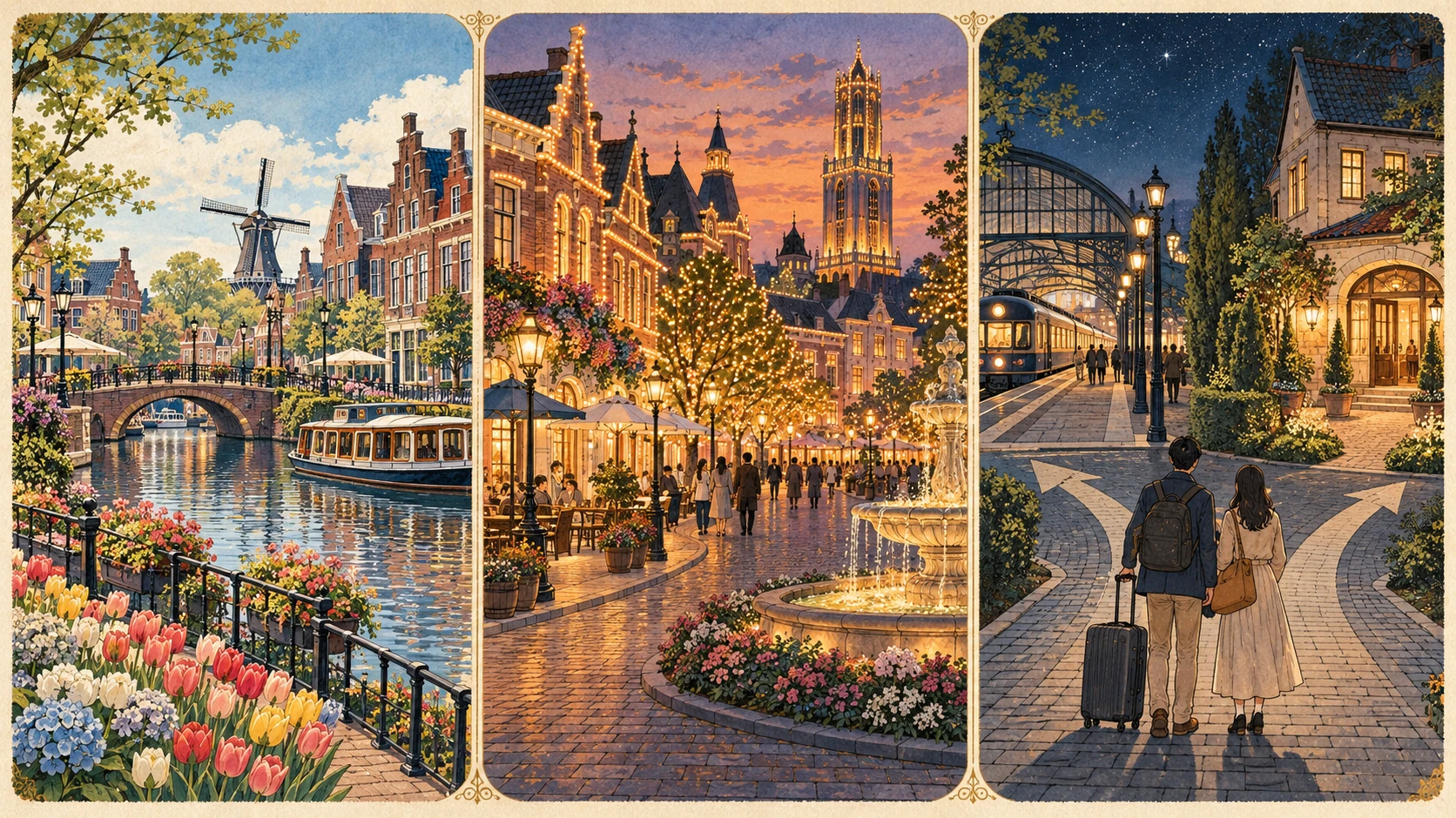 A daytime canal boat, illuminated park streets at dusk and travelers facing a station platform and hotel entrance form three separate scenes.
