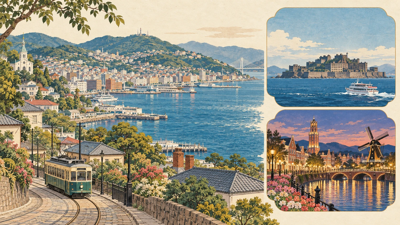 A hillside harbor city and tram appear beside two separate scenes of Gunkanjima at sea and an illuminated canal theme park.