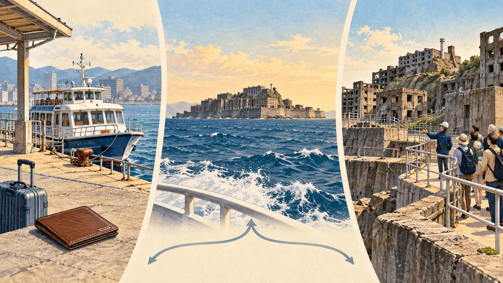 Three scenes show a tour boat and luggage at a pier, waves while viewing Gunkanjima and visitors following a guide along a railed walkway.