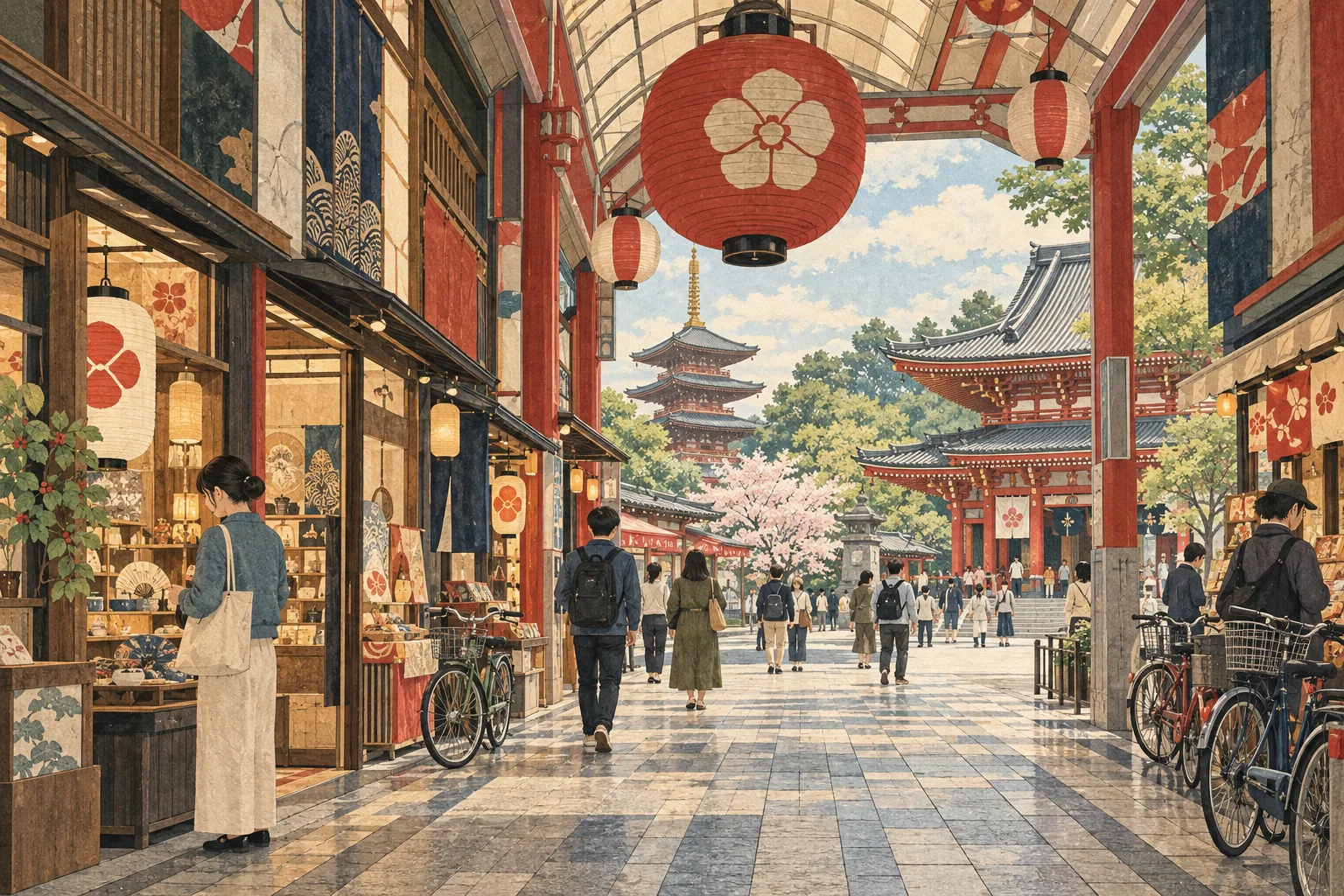 Illustration originale des rues commerçantes d'Osu, d'une place près du temple, de piétons et de vélos