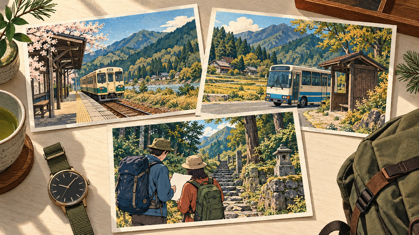 Drei Bildkarten auf einem Tisch zeigen Lokalbahnsteig, dörflichen Bushalt und zwei Wandernde beim Prüfen der Route, daneben Uhr und Rucksack.