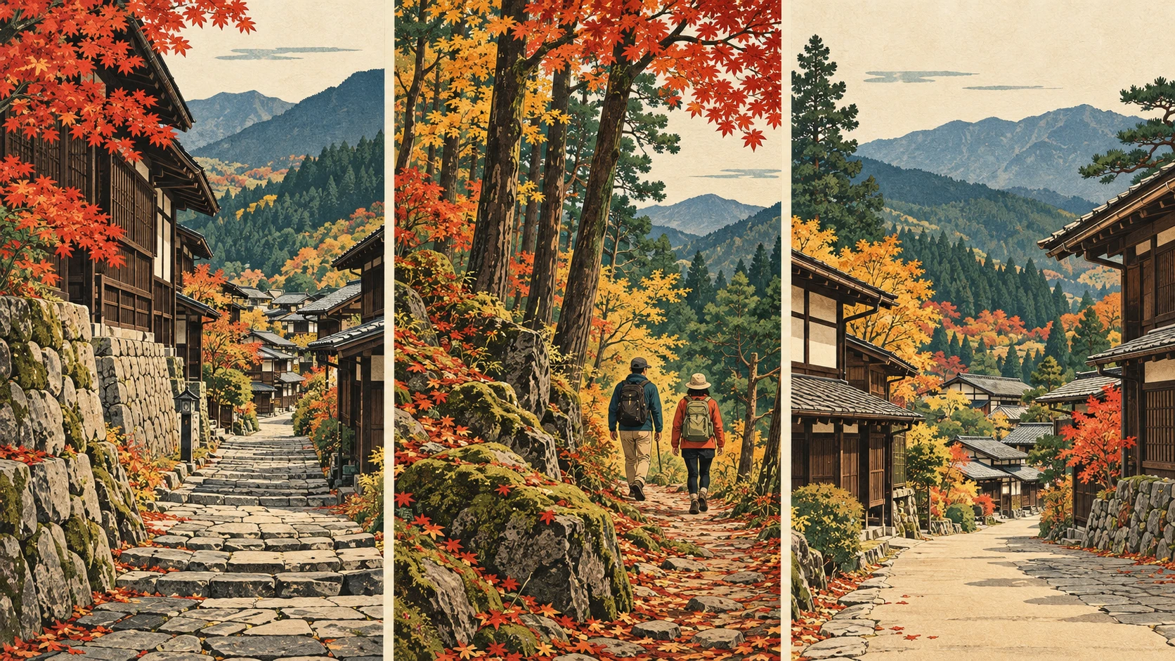 Three separate panels show a wooden town's stone steps under red leaves, two backpackers on a forest path, and a flatter old street before mountains.
