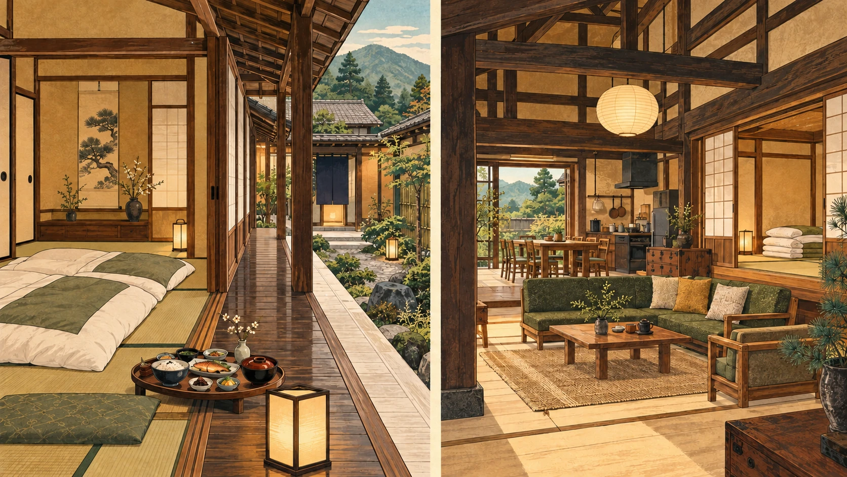 Links japanisches Zimmer mit zwei Futons und einem Essenstablett am Holzgang, rechts altes Wohnzimmer mit Küche und Futonzimmer.