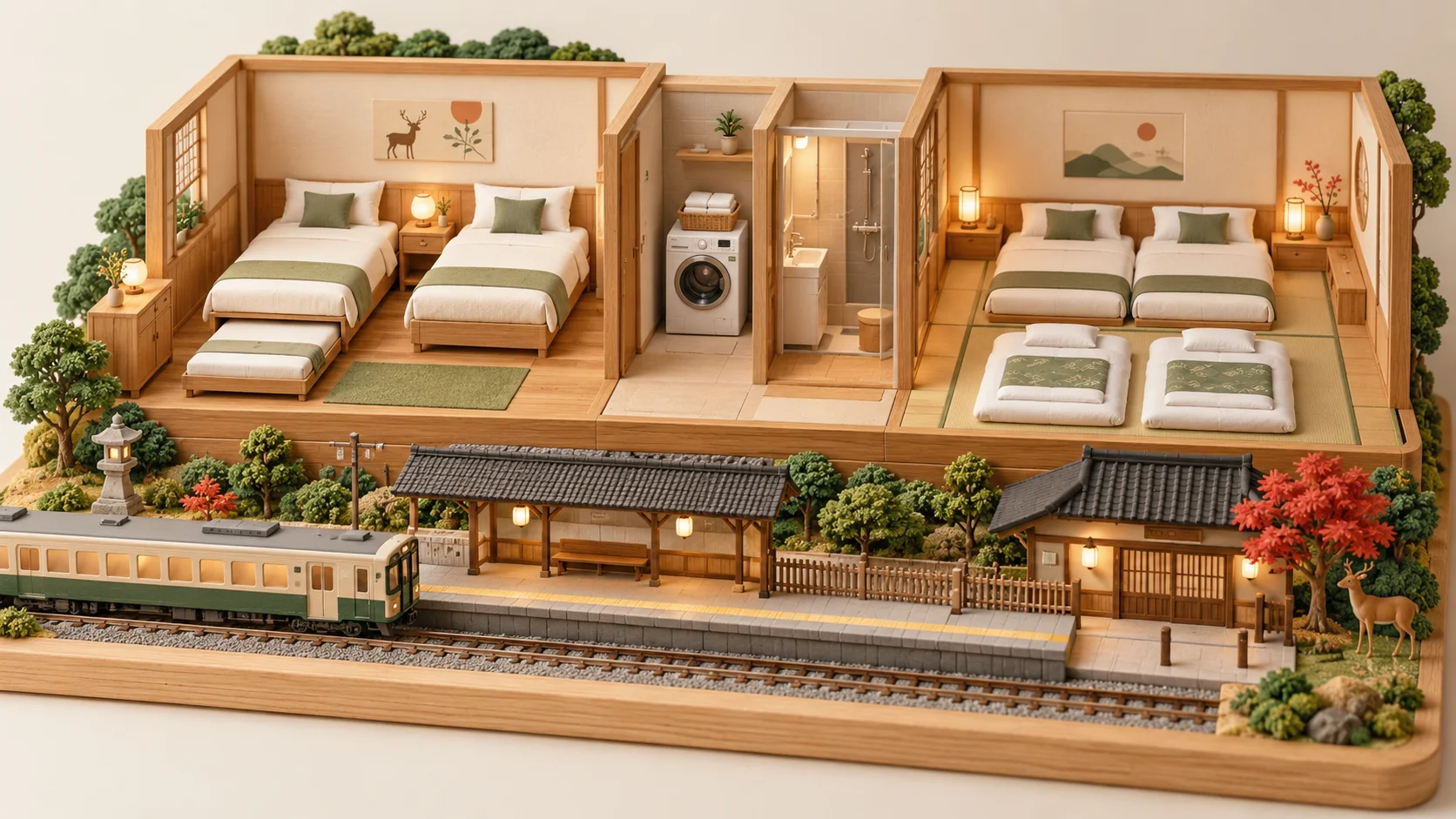 Zwei Zimmer als Schnittansicht: links zwei Betten mit niedrigerem Ausziehbett, rechts zwei niedrige Betten und zwei Futons; dazwischen Waschmaschine und Badabtrennungen.