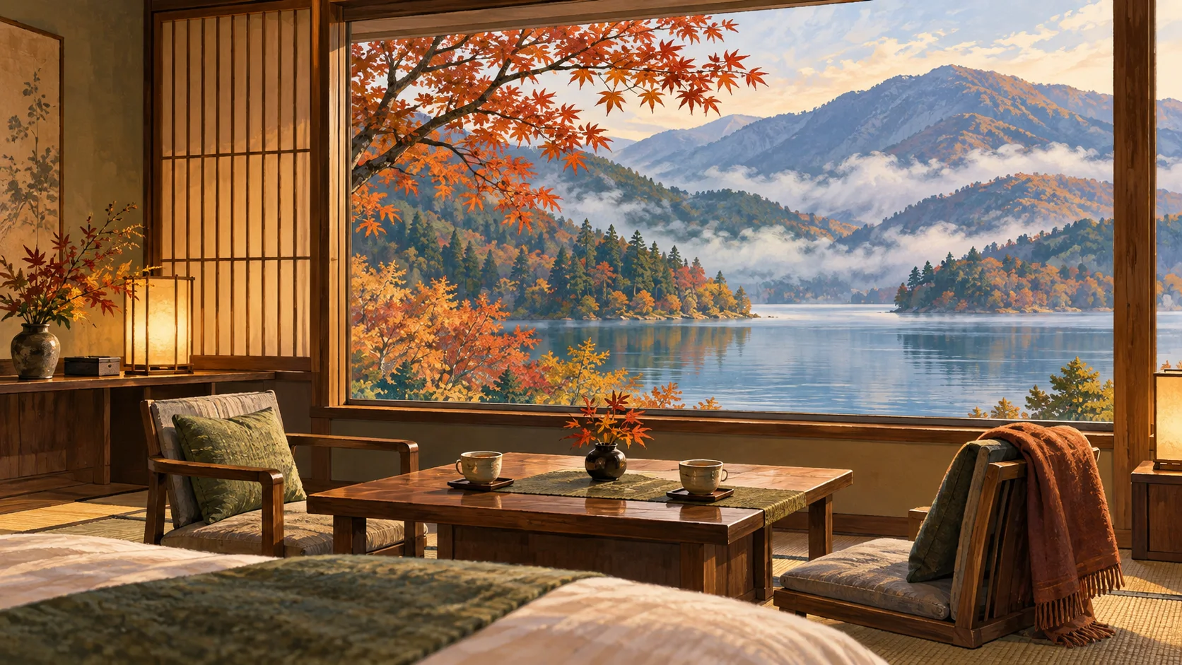 Zwei Teetassen stehen auf einem niedrigen Tisch im holzverkleideten Gästezimmer; über einem Stuhl liegt eine orange Decke, hinter dem Fenster Herbstlaub, See und Berge.
