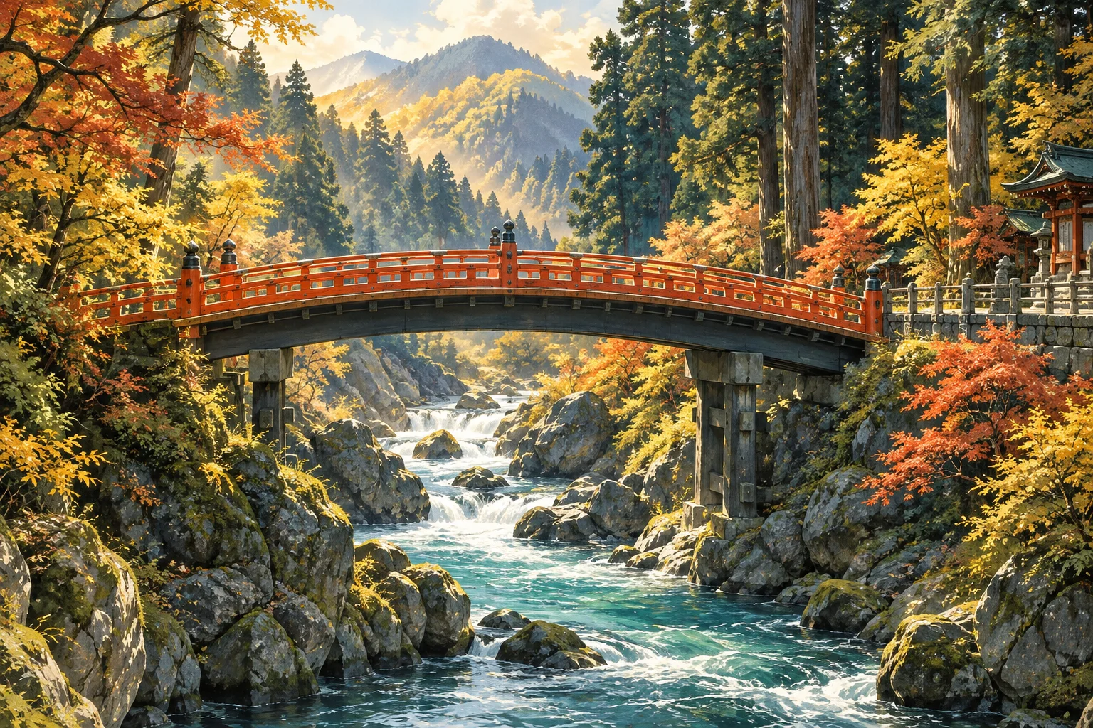 A vermilion arched bridge spans a teal river gorge, framed by tall cedars, orange autumn leaves and stone banks.