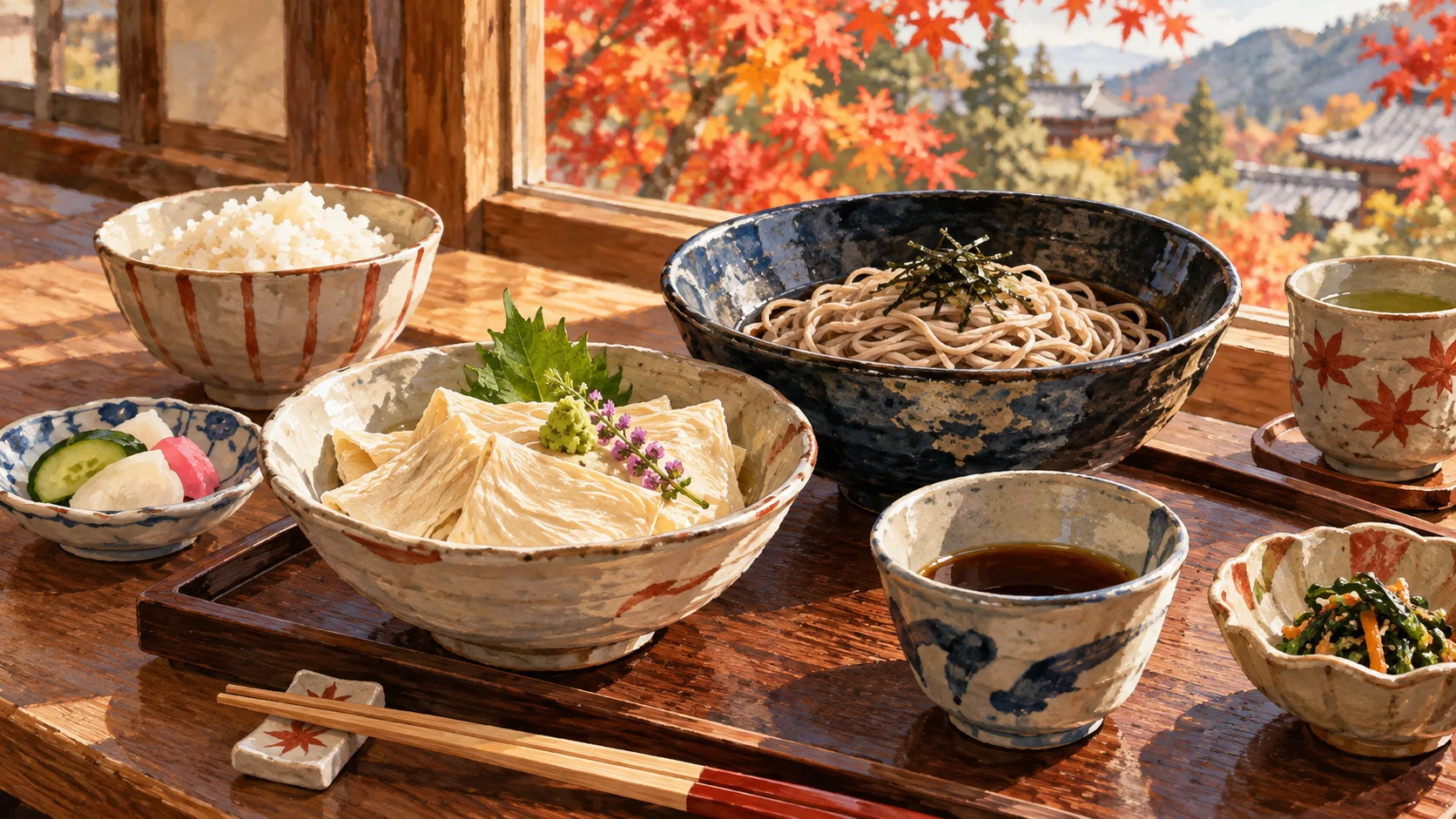Keramikschalen auf einem Holztisch enthalten gefaltete Tofuhaut, Soba, Reis und Beilagen neben Tee und Stäbchen.