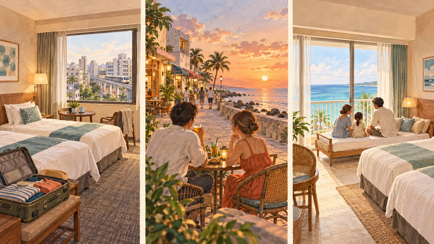 Trois scènes présentent une chambre urbaine à deux lits avec bagages, un café côtier le soir et une famille près de la fenêtre d’une chambre avec vue sur mer.