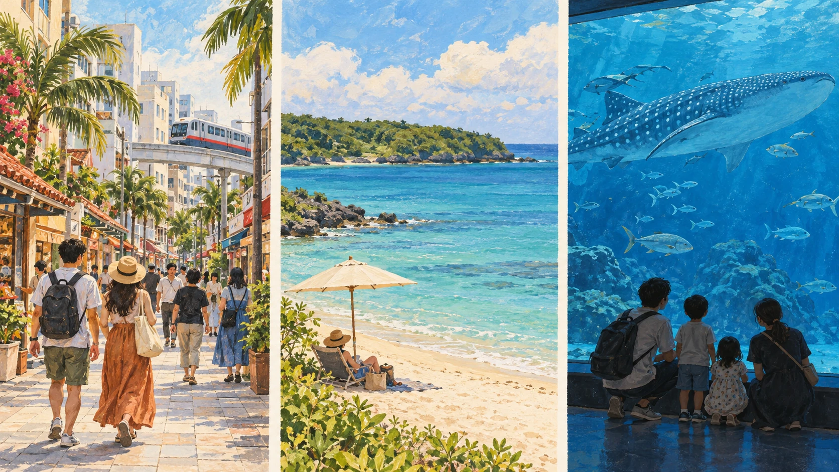 Three illustrated scenes show a city street with an elevated monorail, resting seats on a bay-side beach, and a family watching a whale shark through aquarium glass.