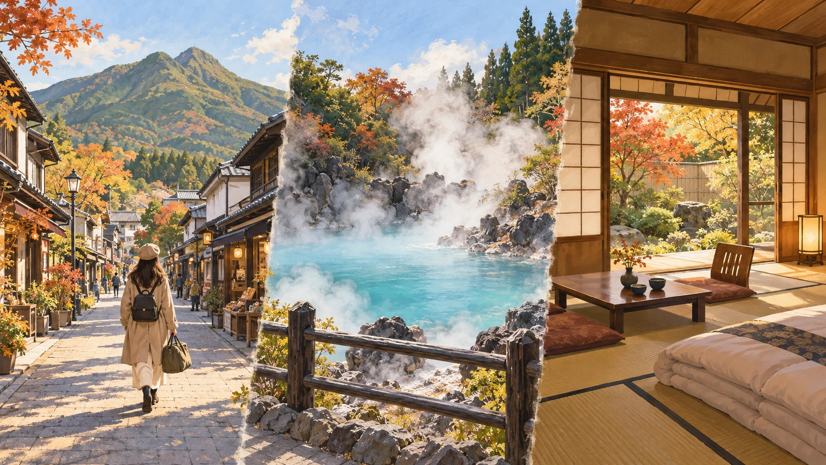 Drei getrennte Szenen zeigen Reisende auf einer Straße im Bergort, ein dampfendes blaues Becken hinter einem Geländer und ein Tatamizimmer mit Gartenblick.