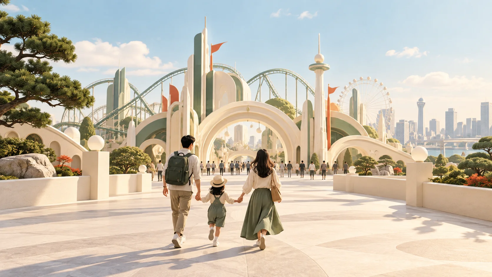 Two adults hold a child’s hands as they follow a broad path toward an ivory arch, with a roller coaster, a tall amusement structure and city buildings behind it.